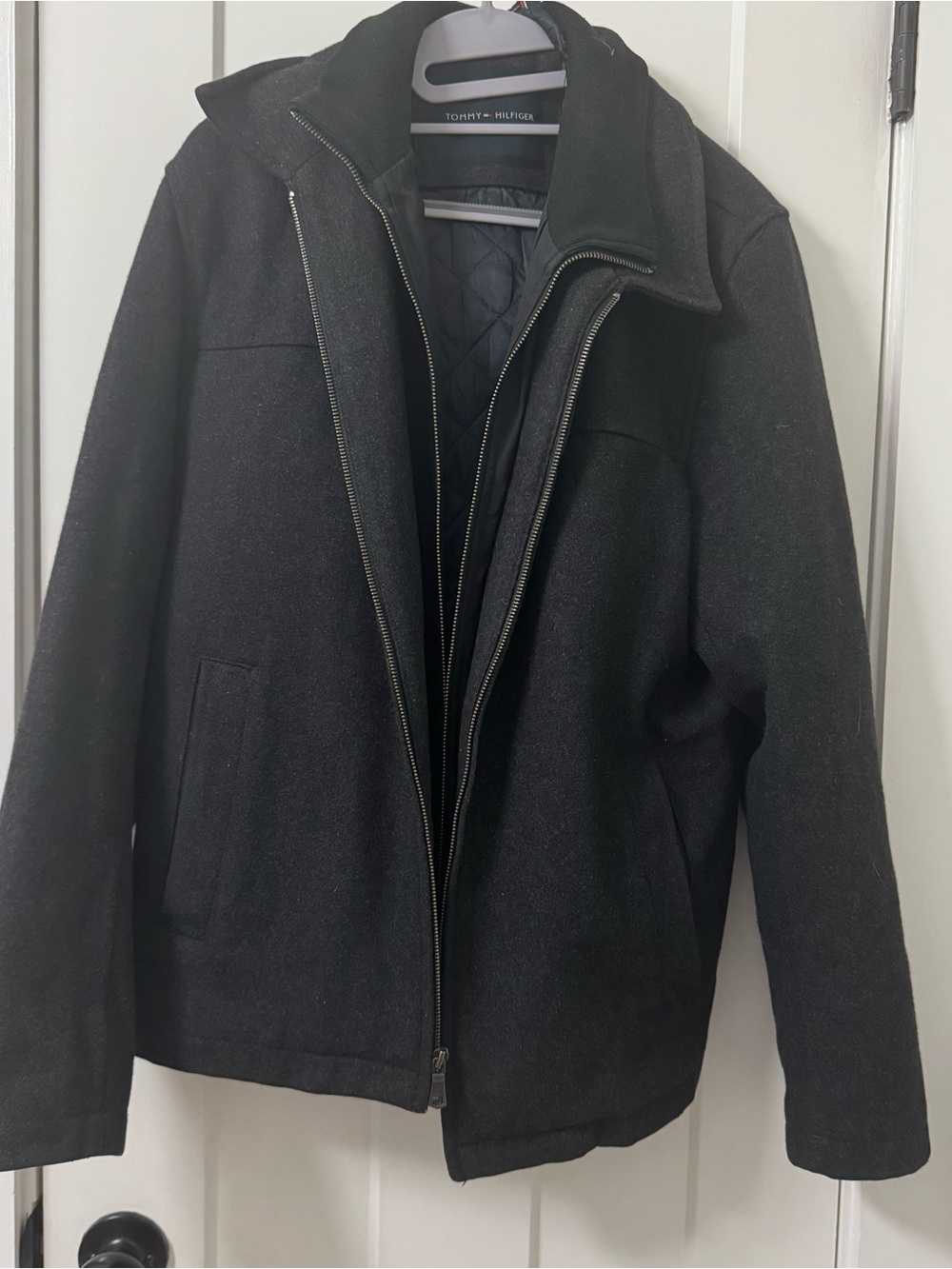 Tommy Hilfiger Wool Blend Bomber Jacket Coat Men's Small Black Double Zip Lined